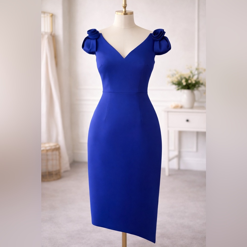 Eliza J Royal Blue V-Neck Midi Sheath Dress with Rosette Cap Sleeves